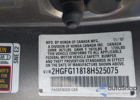 2008 Honda Civic Ex from USA, damaged, VIN 2HGFG11818H525075